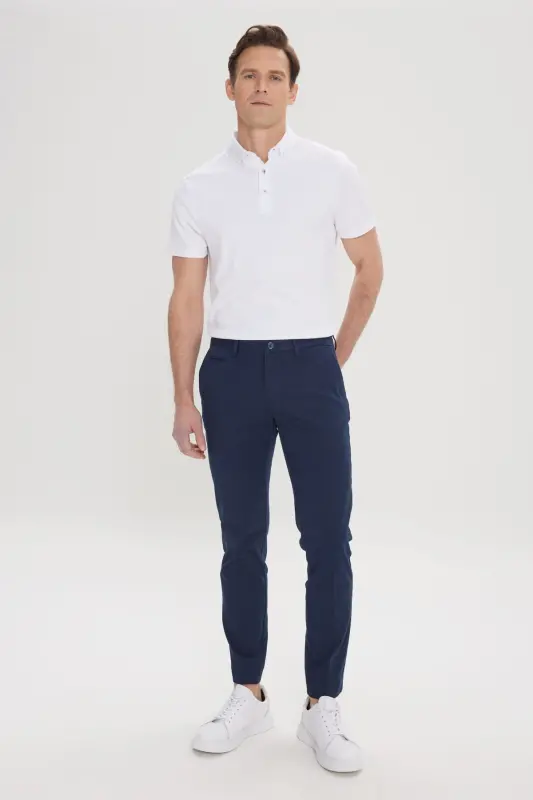 Erkek Lacivert Slim Fit Dar Kesim Yan Cepli Pamuklu Esnek Armürlü Pantolon-Lacivert - 3