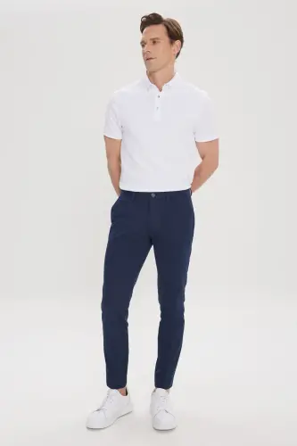 Erkek Lacivert Slim Fit Dar Kesim Yan Cepli Pamuklu Esnek Armürlü Pantolon-Lacivert - 4