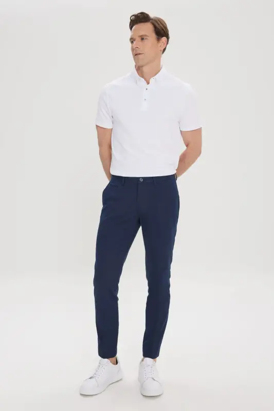 Erkek Lacivert Slim Fit Dar Kesim Yan Cepli Pamuklu Esnek Armürlü Pantolon-Lacivert - 4