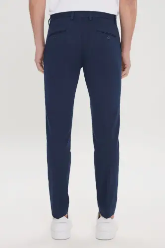 Erkek Lacivert Slim Fit Dar Kesim Yan Cepli Pamuklu Esnek Armürlü Pantolon-Lacivert - 6
