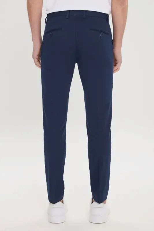 Erkek Lacivert Slim Fit Dar Kesim Yan Cepli Pamuklu Esnek Armürlü Pantolon-Lacivert - 6
