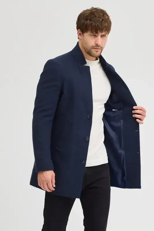 Erkek Lacivert Slim Fit Dik Yaka Kaşe Kaban-Lacivert - 2