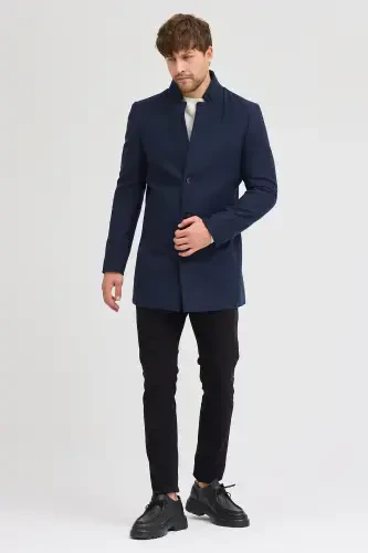 Erkek Lacivert Slim Fit Dik Yaka Kaşe Kaban-Lacivert - 7
