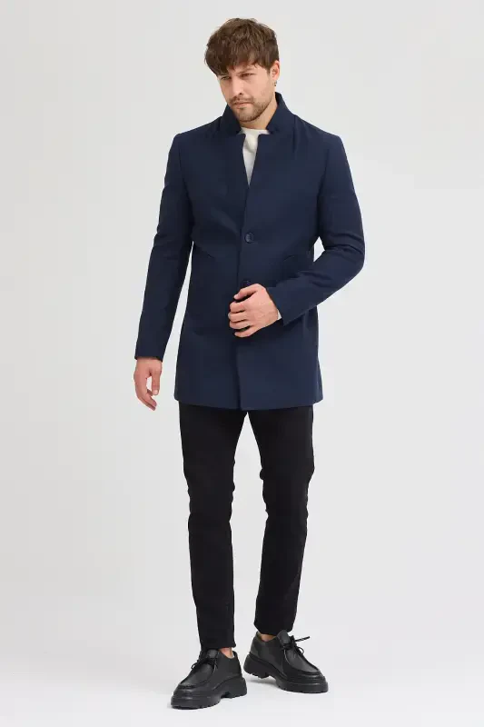 Erkek Lacivert Slim Fit Dik Yaka Kaşe Kaban-Lacivert - 7