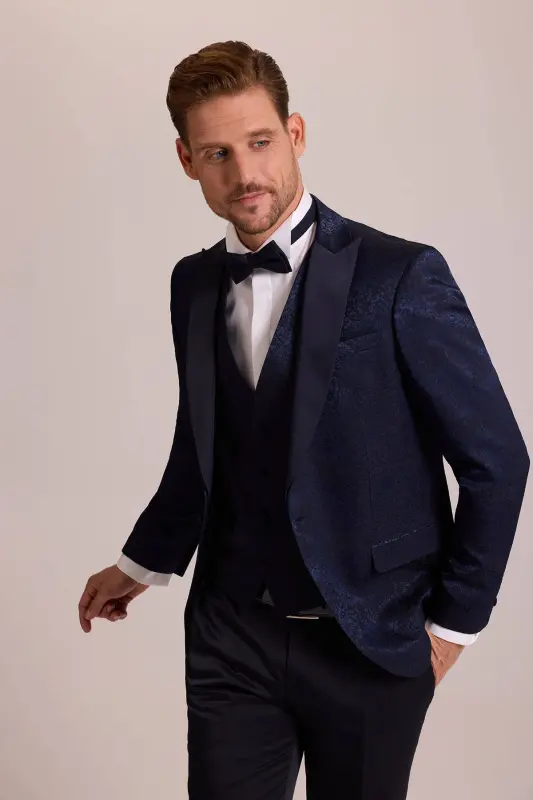 Erkek Lacivert Slim Fit Kırlangıç Yaka Desenli Damatlık - Lacivert - 3
