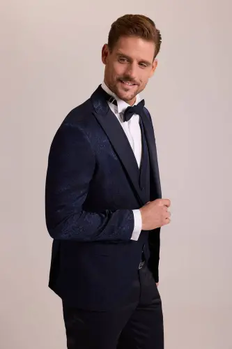 Erkek Lacivert Slim Fit Kırlangıç Yaka Desenli Damatlık - Lacivert - 4