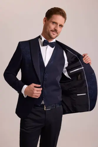 Erkek Lacivert Slim Fit Kırlangıç Yaka Desenli Damatlık - Lacivert - 7
