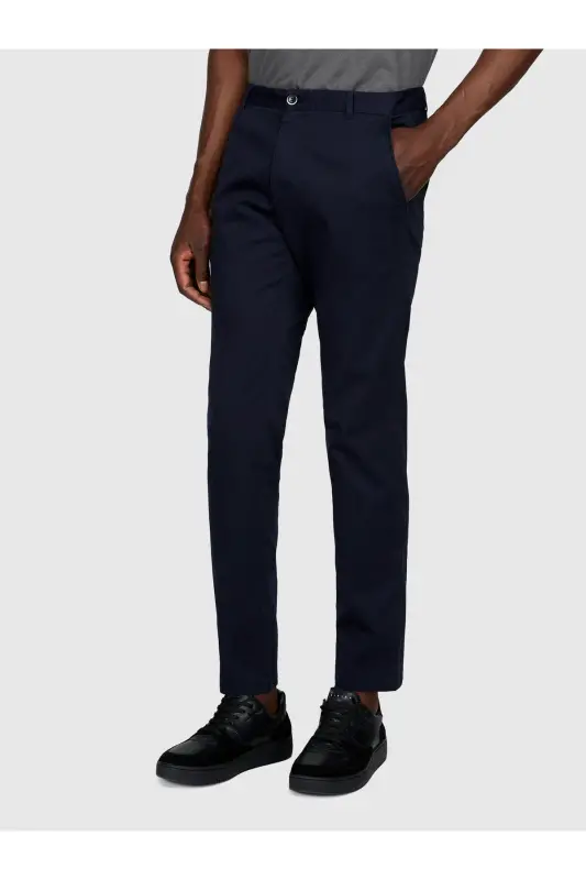 Erkek Lacivert Slim Fit Vintage Efekt Chino Pantolon-Lacivert - 5