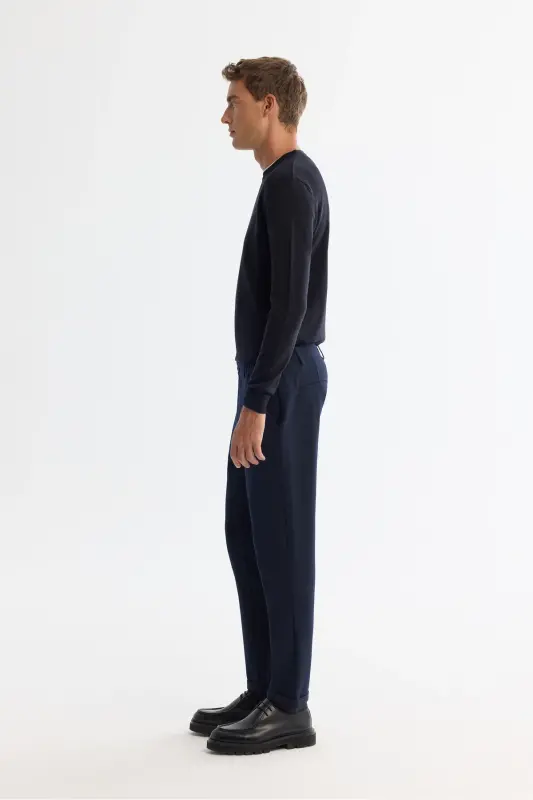 Erkek Lacivert Yanı Lastikli Bi-Stretch Kolay Ütülenen Chino Slim Fit Pantolon B003037 - Lacivert - 2