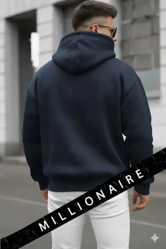 Erkek Lacivert Spectacular Kapüşonlu Oversize 3 iplik Kanguru Cep Şardonlu Salaş Hoodie Sweatshirt-LacivertSPC - 4