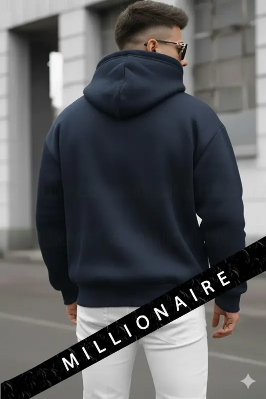 Erkek Lacivert Spectacular Kapüşonlu Oversize 3 iplik Kanguru Cep Şardonlu Salaş Hoodie Sweatshirt-LacivertSPC - 4