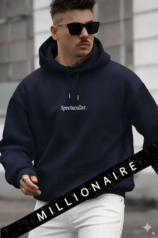 Erkek Lacivert Spectacular Kapüşonlu Oversize 3 iplik Kanguru Cep Şardonlu Salaş Hoodie Sweatshirt-LacivertSPC - MILLIONAIRE
