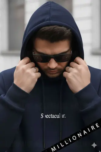 Erkek Lacivert Spectacular Kapüşonlu Oversize 3 iplik Kanguru Cep Şardonlu Salaş Hoodie Sweatshirt - LacivertSPC - MILLIONAIRE (1)