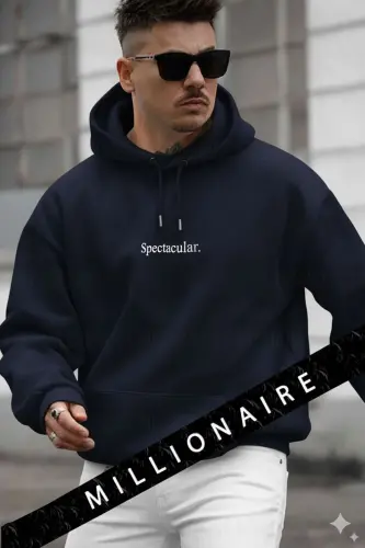 Erkek Lacivert Spectacular Kapüşonlu Oversize 3 iplik Kanguru Cep Şardonlu Salaş Hoodie Sweatshirt-LacivertSPC - 1