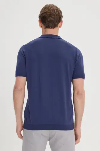 Erkek Lacivert Standart Fit Normal Kesim %100 Pamuk Kendinden Desenli Polo Yaka Triko Tişört - Lacivert - 7