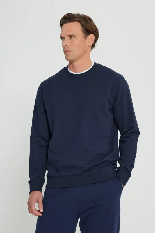 Erkek Lacivert Standart Fit Normal Kesim 2 İplik Pamuklu Bisiklet Yaka Sweatshirt - Lacivert - 3