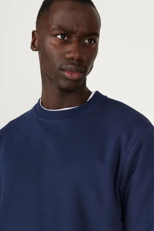 Erkek Lacivert Standart Fit Normal Kesim Bisiklet Yaka 3 Iplik Pamuklu Sweatshirt - Lacivert - 6