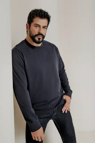 Erkek Lacivert Standart Fit Normal Kesim Bisiklet Yaka 3 Iplik Pamuklu Sweatshirt - Lacivert - 3