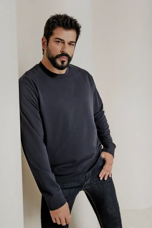 Erkek Lacivert Standart Fit Normal Kesim Bisiklet Yaka 3 Iplik Pamuklu Sweatshirt - Lacivert - 3