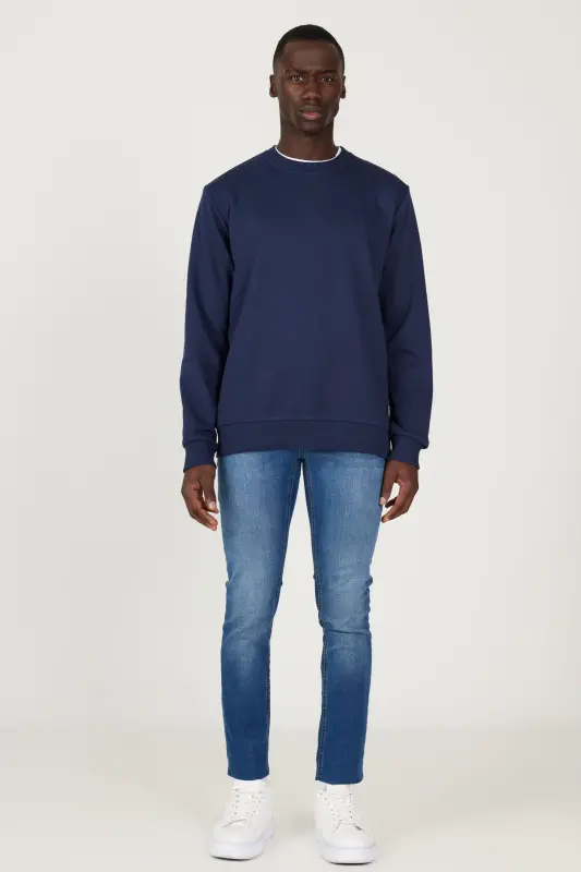 Erkek Lacivert Standart Fit Normal Kesim Bisiklet Yaka 3 Iplik Pamuklu Sweatshirt - Lacivert - 4