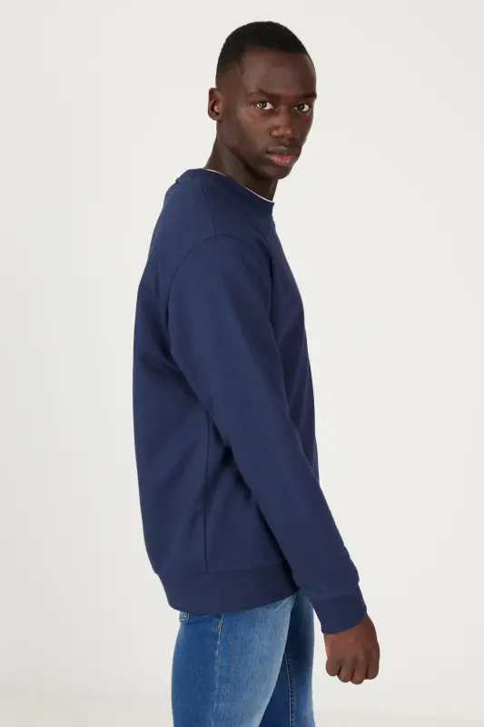 Erkek Lacivert Standart Fit Normal Kesim Bisiklet Yaka 3 Iplik Pamuklu Sweatshirt - Lacivert - 5
