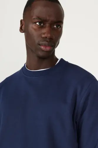 Erkek Lacivert Standart Fit Normal Kesim Bisiklet Yaka 3 Iplik Pamuklu Sweatshirt - Lacivert - 6
