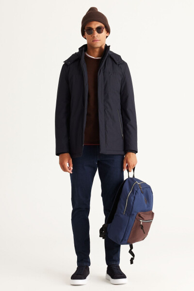 Erkek Lacivert Standart Fit Normal Kesim Çıkma Kapüşonlu Kaban - 9