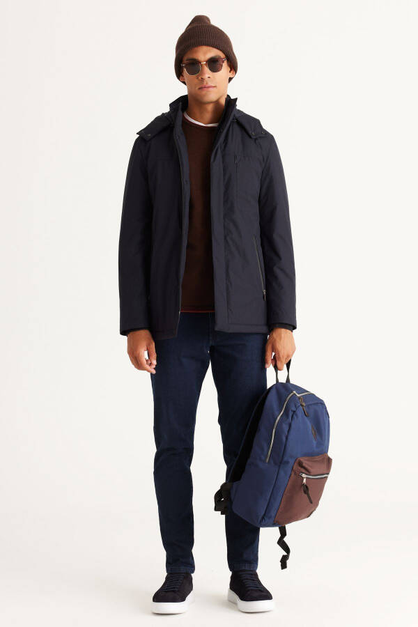 Erkek Lacivert Standart Fit Normal Kesim Çıkma Kapüşonlu Kaban - 9