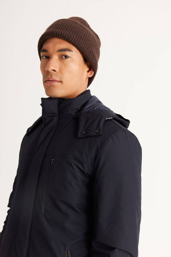 Erkek Lacivert Standart Fit Normal Kesim Çıkma Kapüşonlu Kaban - 12