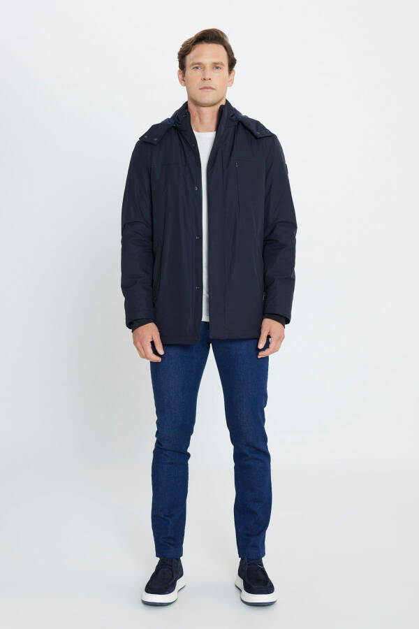 Erkek Lacivert Standart Fit Normal Kesim Çıkma Kapüşonlu Kaban - 2