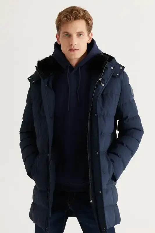 Erkek Lacivert Standart Fit Normal Kesim Çıkma Kapüşonlu Kaban - Modazone