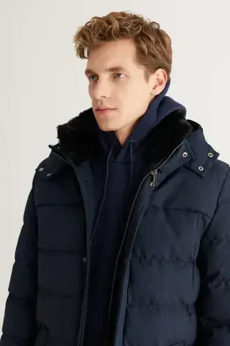 Erkek Lacivert Standart Fit Normal Kesim Çıkma Kapüşonlu Kaban - Modazone (1)