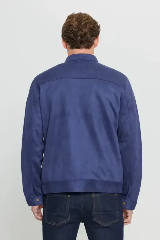 Erkek Lacivert Standart Fit Normal Kesim Dik Yaka Süet Ceket Mont-Lacivert - 7