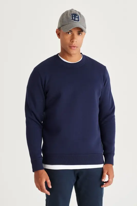 Erkek Lacivert Standart Fit Normal Kesim İçi Polarlı 3 İplik Bisiklet Yaka Pamuklu Sweatshirt-Lacivert - 3