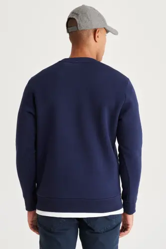 Erkek Lacivert Standart Fit Normal Kesim İçi Polarlı 3 İplik Bisiklet Yaka Pamuklu Sweatshirt-Lacivert - 5