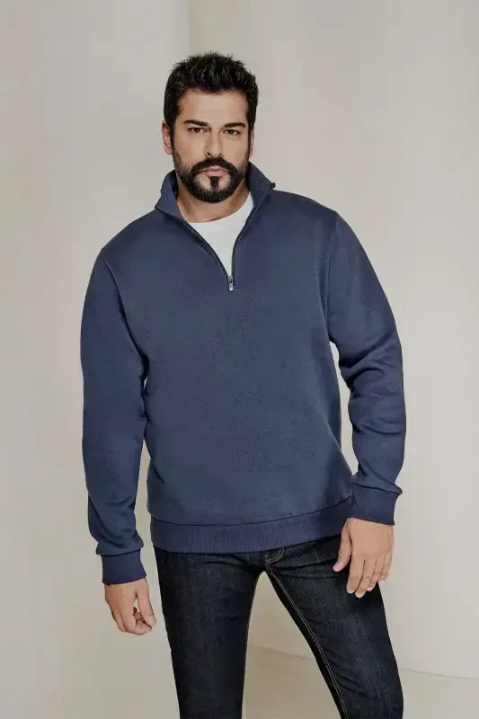 Erkek Lacivert Standart Fit Normal Kesim Içi Polarlı Fermuarlı Dik Bato Yaka Pamuklu Sweatshirt-Lacivert - 1