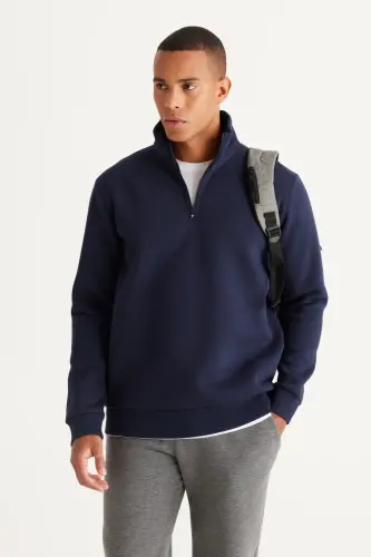 Erkek Lacivert Standart Fit Normal Kesim İçi Polarlı Dik Bato Yaka Pamuklu Sweatshirt-Lacivert 
