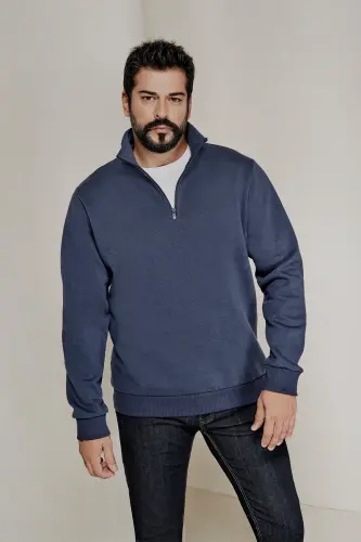 Erkek Lacivert Standart Fit Normal Kesim İçi Polarlı Dik Bato Yaka Pamuklu Sweatshirt-Lacivert - 2
