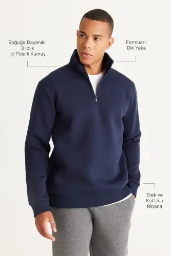 Erkek Lacivert Standart Fit Normal Kesim İçi Polarlı Dik Bato Yaka Pamuklu Sweatshirt-Lacivert - 3