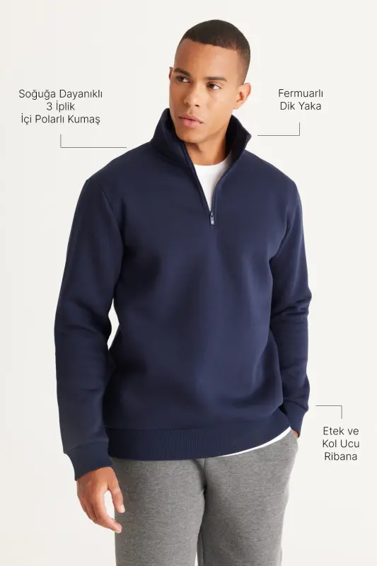 Erkek Lacivert Standart Fit Normal Kesim İçi Polarlı Dik Bato Yaka Pamuklu Sweatshirt-Lacivert - 3