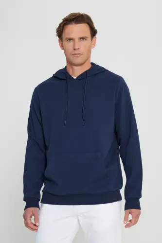 Erkek Lacivert Standart Fit Normal Kesim Kapüşonlu Dokulu Cepli Sweatshirt - Lacivert - 1