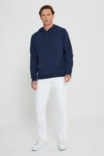 Erkek Lacivert Standart Fit Normal Kesim Kapüşonlu Dokulu Cepli Sweatshirt - Lacivert - 3