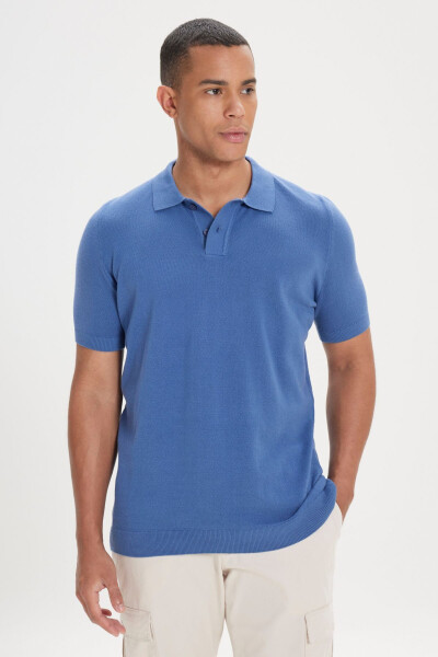 Erkek Lacivert Standart Fit Normal Kesim Polo Yaka %100 Pamuk Desenli Kısa Kollu Triko Tişört 