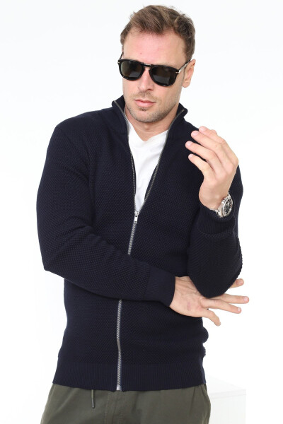 Erkek Lacivert Stutgard Organik Pamuk Fermuarlı Triko Kazak Hırka-LACİVERT - 3