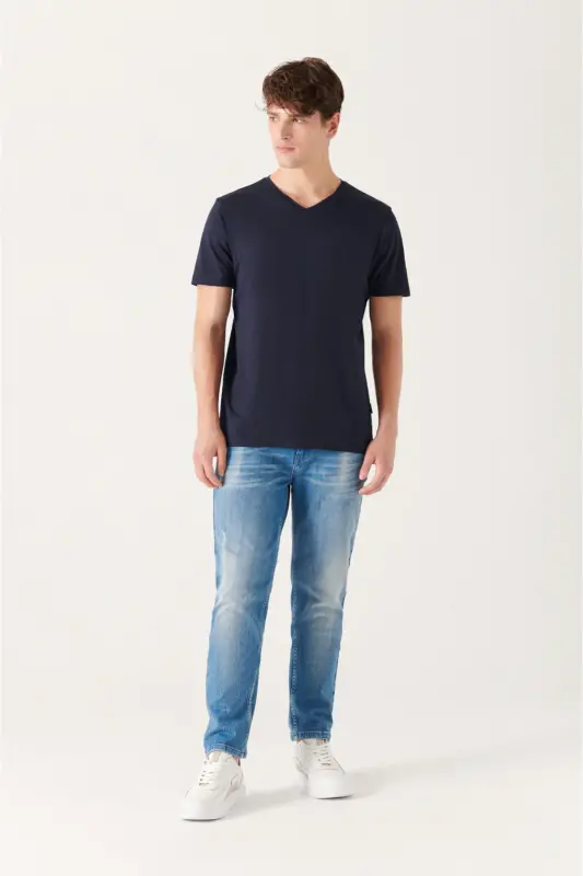 Erkek Lacivert Soft Touch V Yaka Düz Modal Regular Fit T-Shirt B001173 - Lacivert - 5