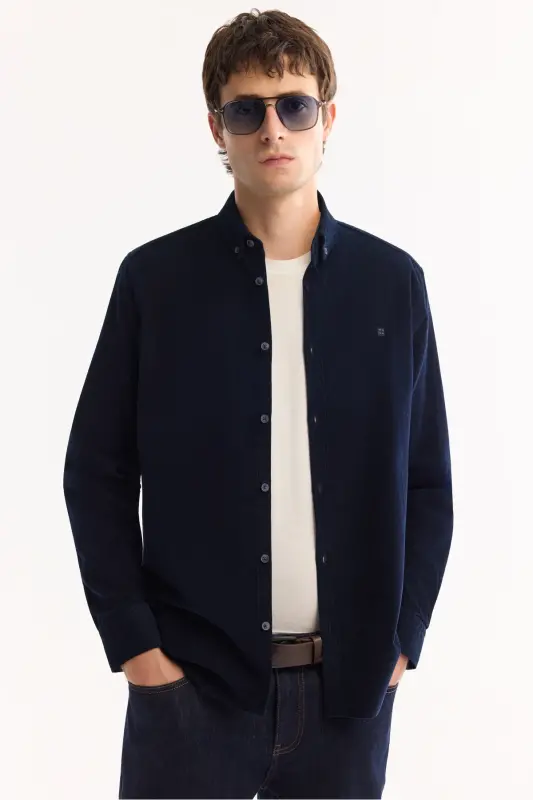 Erkek Lacivert Düğmeli Yaka %100 Pamuk Soft Touch Kadife Regular Fit Gömlek B002032-Lacivert - 5