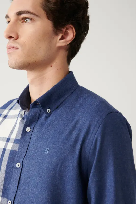 Erkek Lacivert Düğmeli Yaka Parçalı Ekose Desenli Flanel Comfort Fit Gömlek A32Y2119-Lacivert - 2