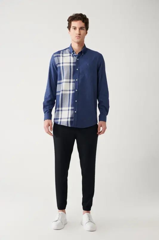 Erkek Lacivert Düğmeli Yaka Parçalı Ekose Desenli Flanel Comfort Fit Gömlek A32Y2119-Lacivert - 5