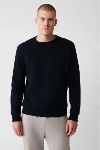 Erkek Lacivert Şardonlu Kumaş Bisiklet Yaka Basic Sweatshirt E001017-Lacivert 