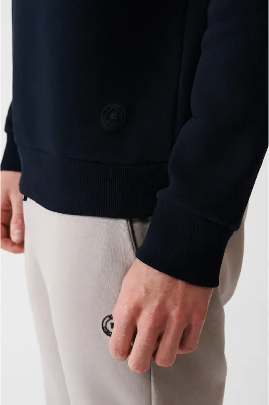 Erkek Lacivert Şardonlu Kumaş Bisiklet Yaka Basic Sweatshirt E001017 - Lacivert - 3